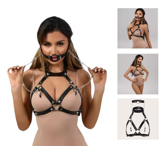 ARNÉS SENSUAL CON GARGANTILLA Y ACCESORIO DE BOCA